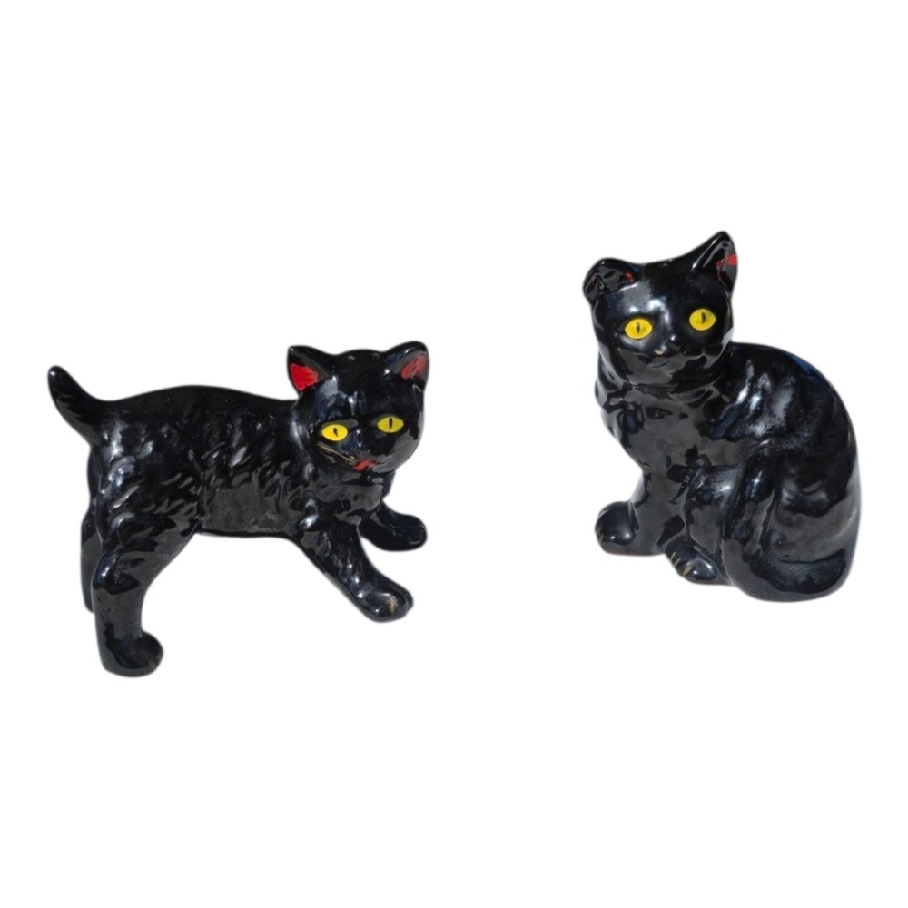 VTG Enesco Japan Black Cat Salt Pepper Shakers Yellow Eyes Halloween Set